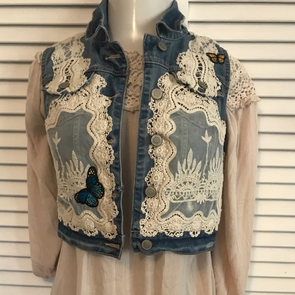 upcycled Aeropostale denim jean vest crochet lace overlay & butterfly patches